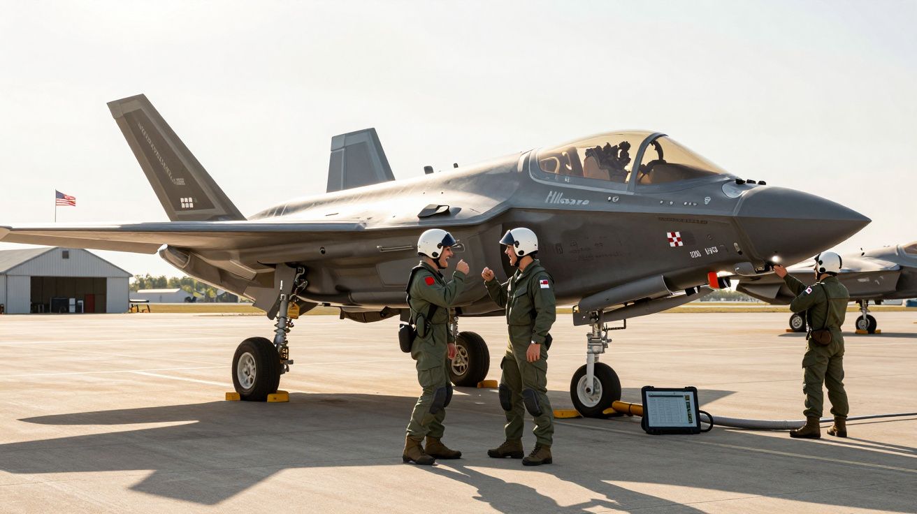Dois pilotos em fato de voo cumprimentam-se em frente a um caça F-35 estacionado numa pista de aeroporto militar.