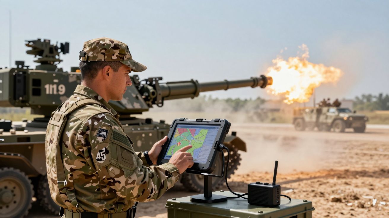 Soldado em uniforme camuflado operando tablet em campo militar com veículo a disparar ao fundo.