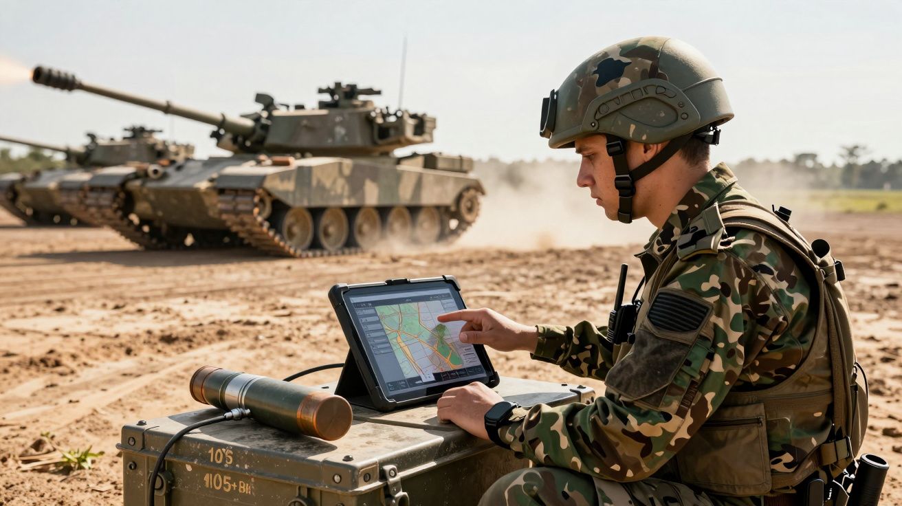 Soldado em uniforme militar a usar tablet táctico com tanque ao fundo em campo aberto.