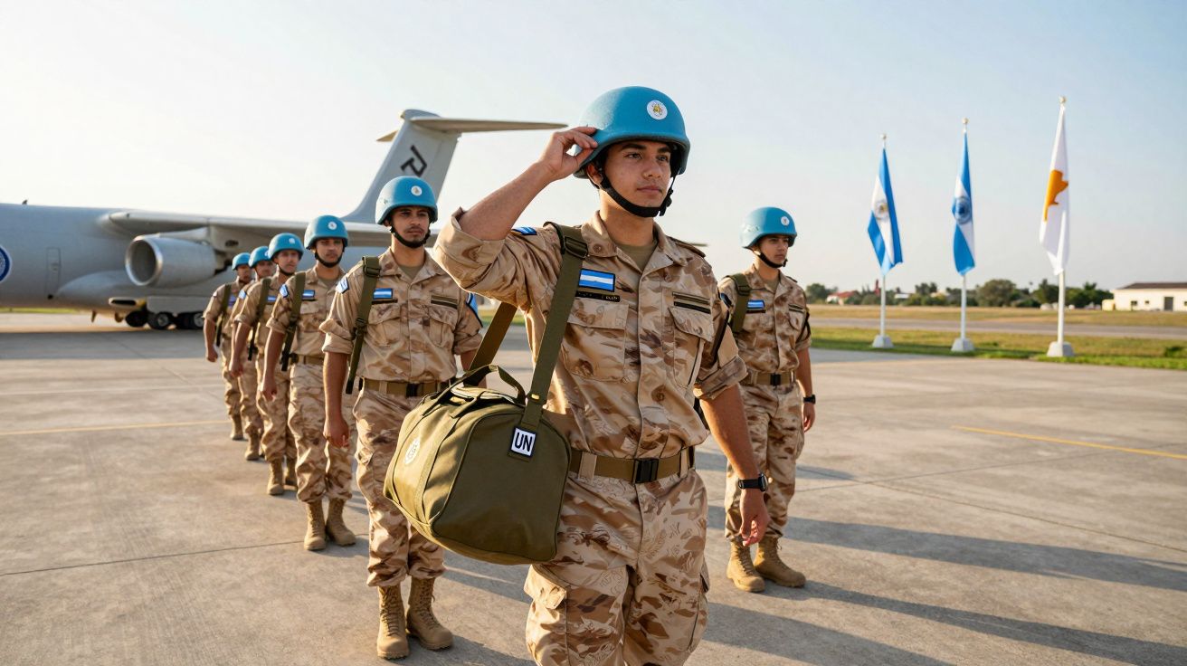 Soldados da ONU em uniforme bege e capacetes azuis alinhados junto a avião militar e bandeiras num aeroporto.