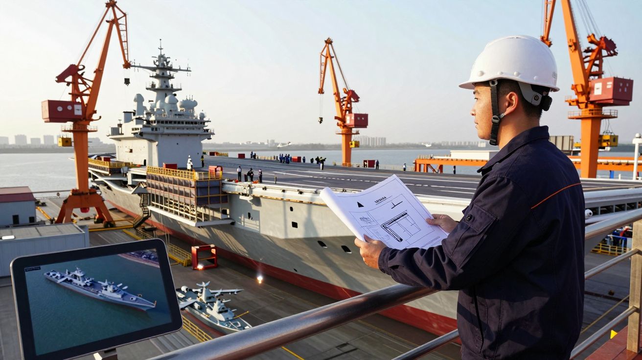 Engenheiro em capacete a analisar planos junto a um porta-aviões no estaleiro com guindastes laranja ao fundo.