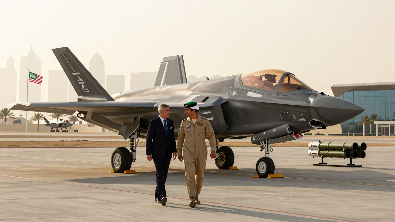 Dois homens, um em fato e outro em uniforme militar, caminham junto a um caça furtivo estacionado num aeroporto.