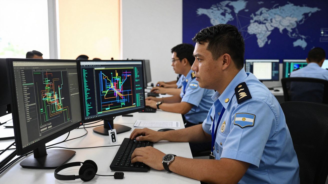 Homens em uniformes azuis trabalham em computadores com diagramas técnicos numa sala de controlo.