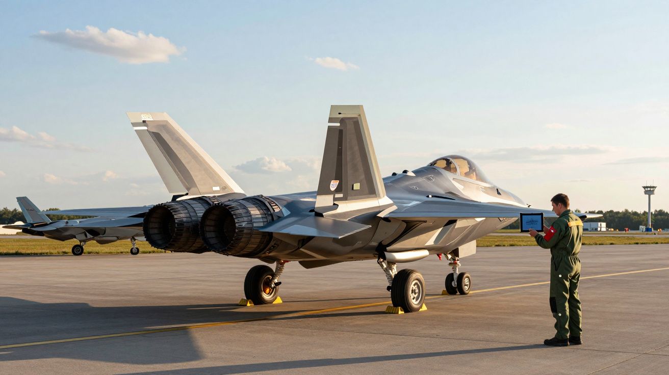 Caça militar estacionado numa pista com piloto em fato verde a consultar tablet ao lado.