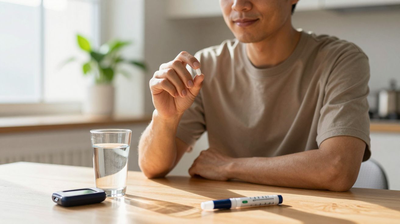 Homem sentado à mesa prestes a tomar um comprimido, com copo de água e medidor de glicose à frente.