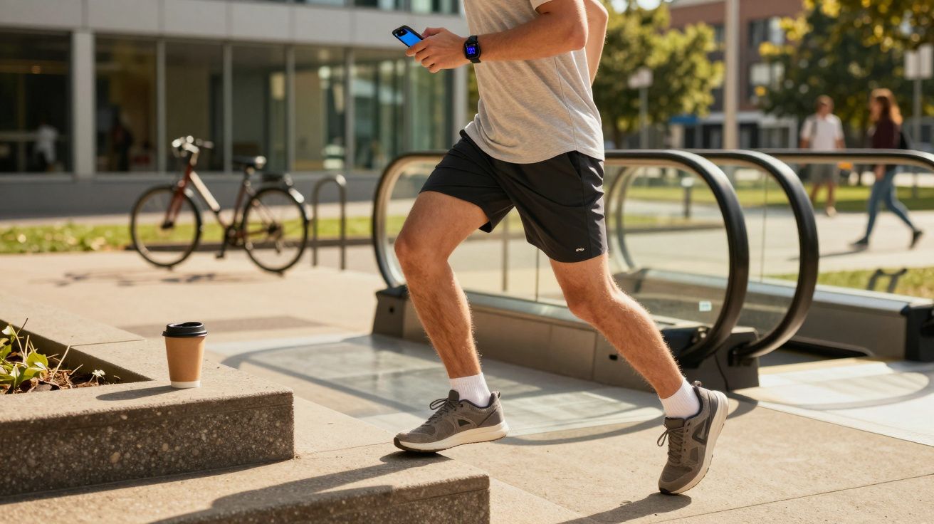 Homem a correr subindo escadas ao ar livre, com telemóvel na mão e relógio inteligente no pulso.