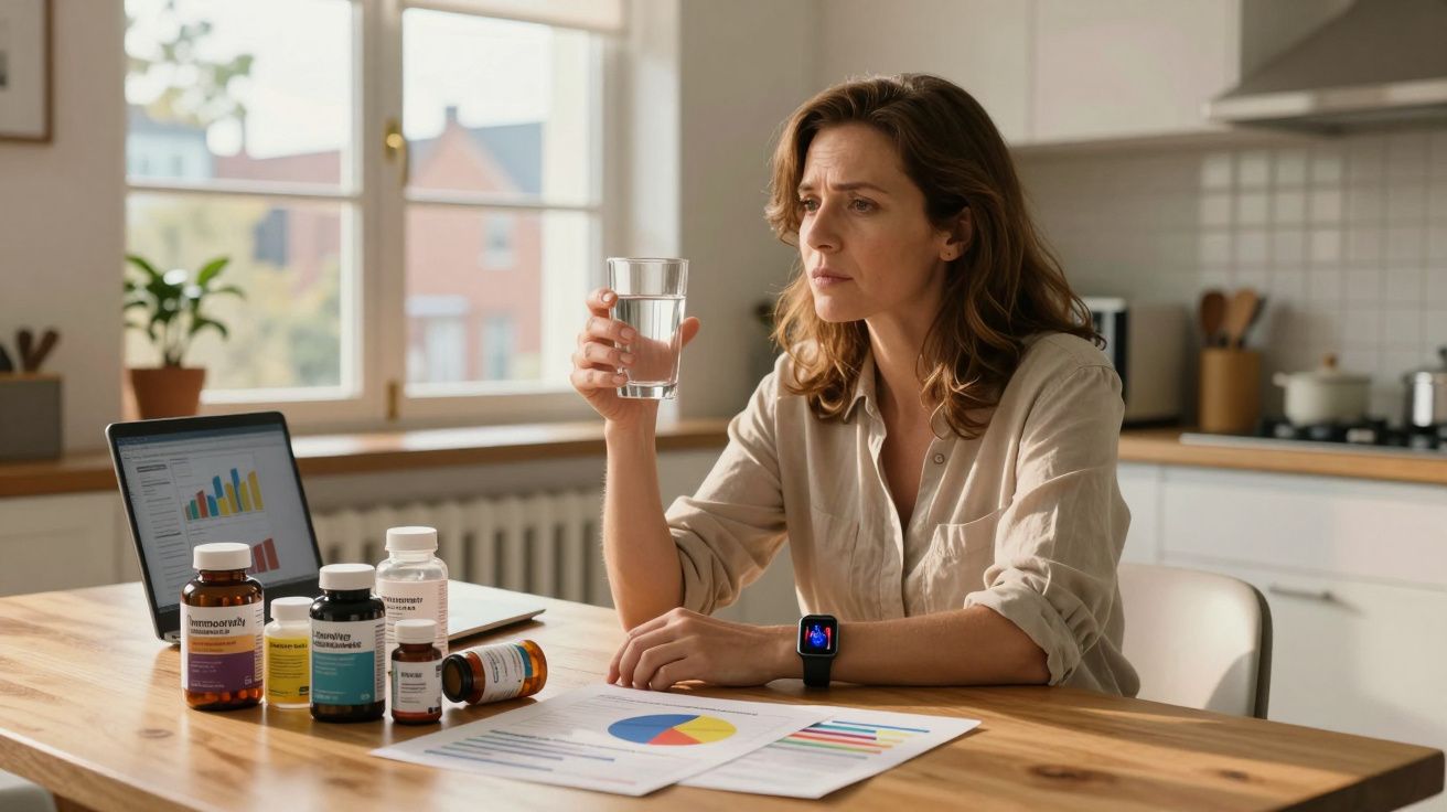 Mulher sentada à mesa com vários frascos de medicamentos, segura um copo de água e olha pensativa.