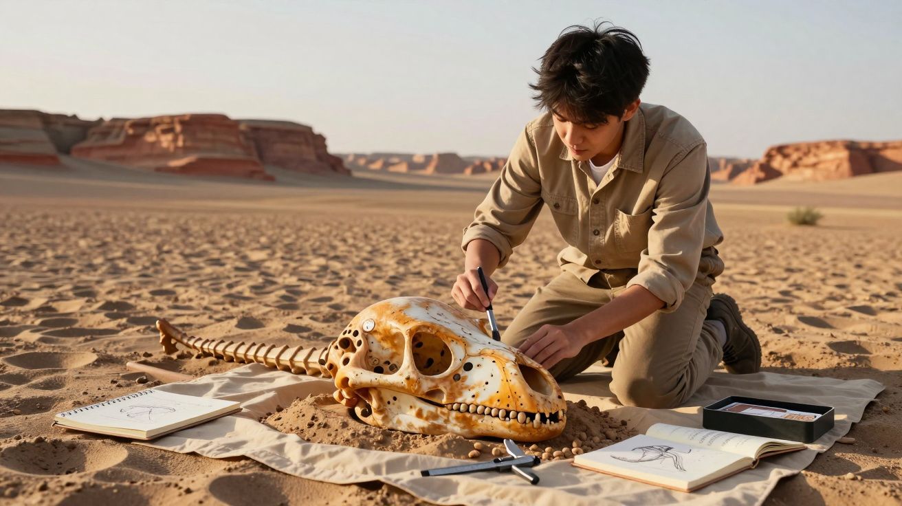 Jovem a estudar e desenhar um crânio de dinossauro num deserto com cadernos e instrumentos de pesquisa.