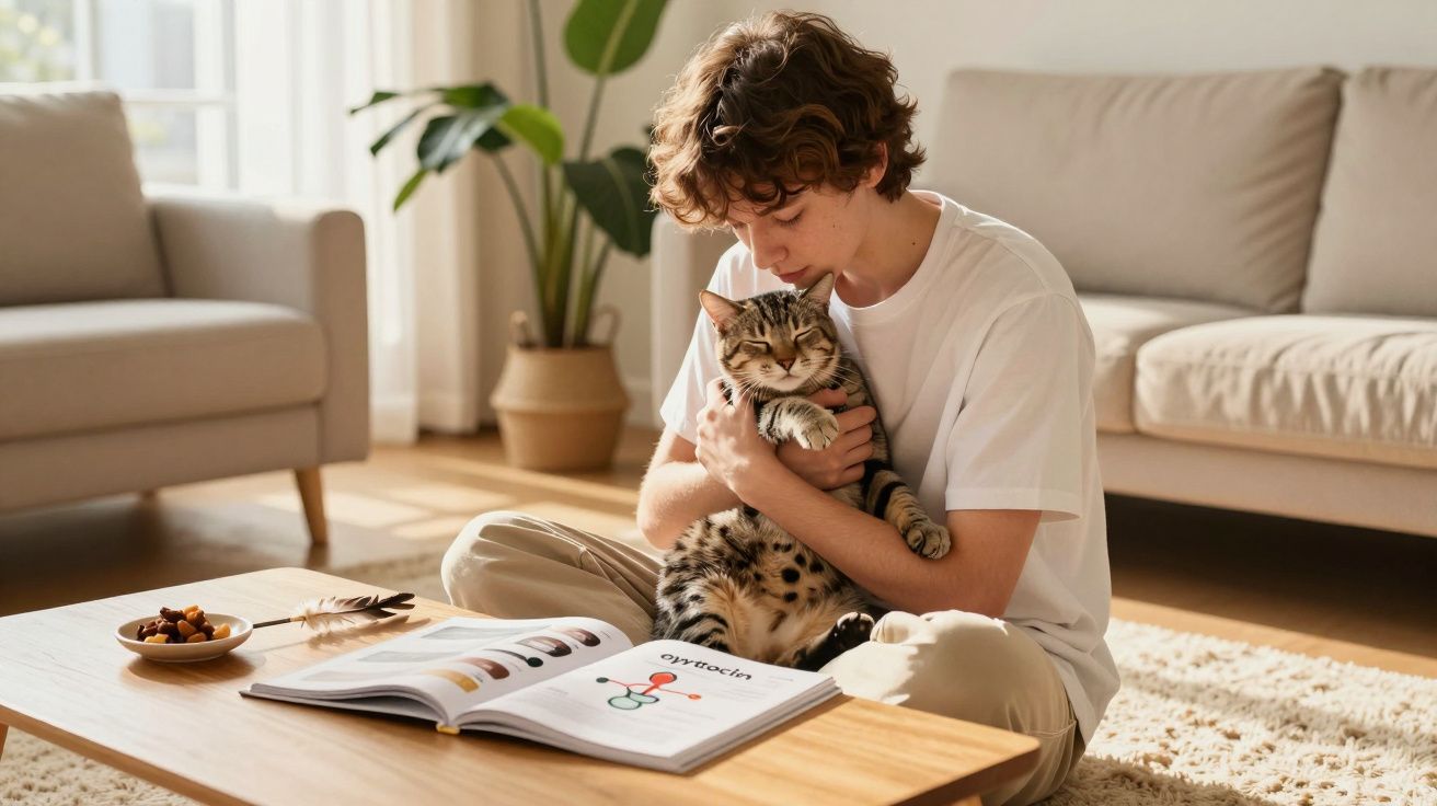 Jovem sentado no chão a abraçar um gato, com revista e petiscos numa mesa de madeira à frente.