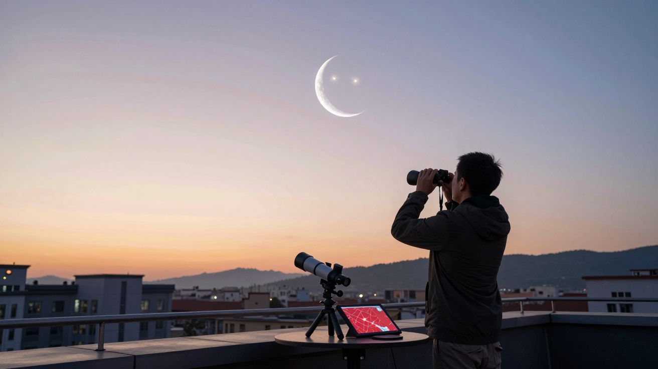Pessoa observa o céu ao entardecer com binóculos numa varanda, com telescópio e tablet num suporte à frente.