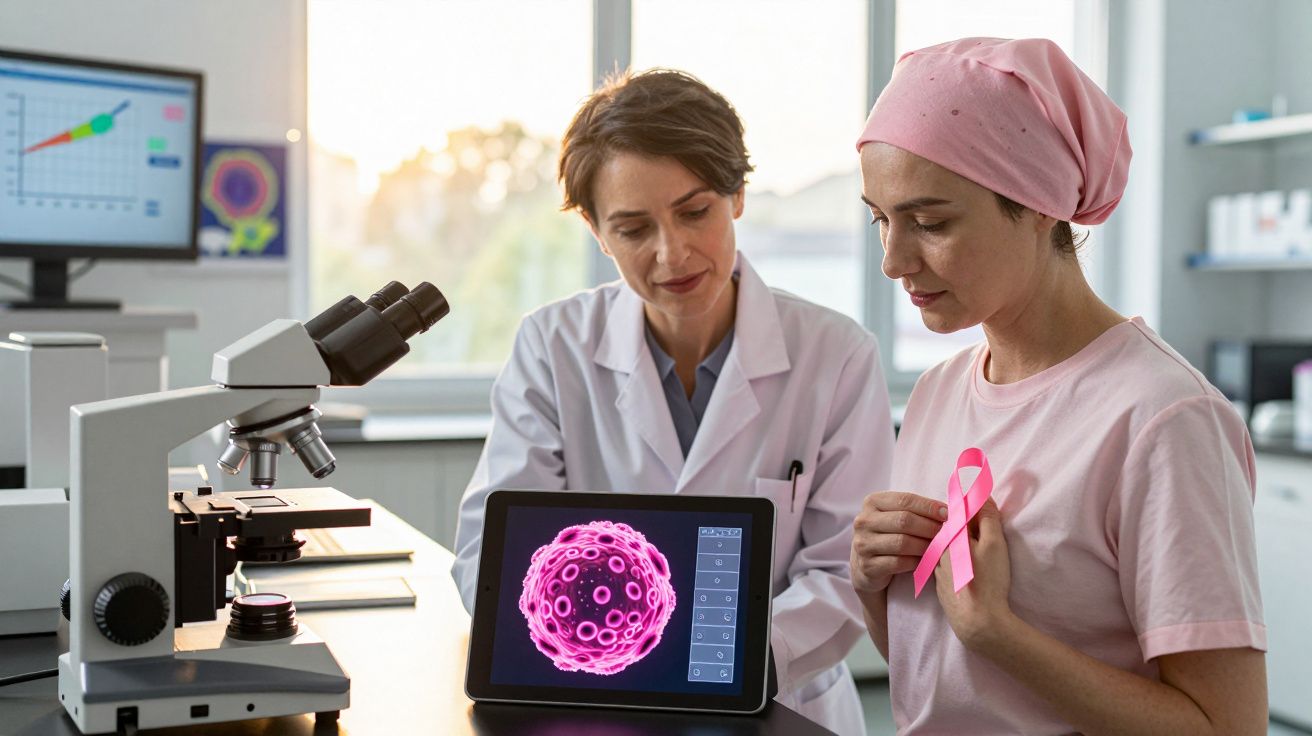 Investigadora a mostrar dados sobre cancro a mulher com lenço e laço cor-de-rosa numa clínica.
