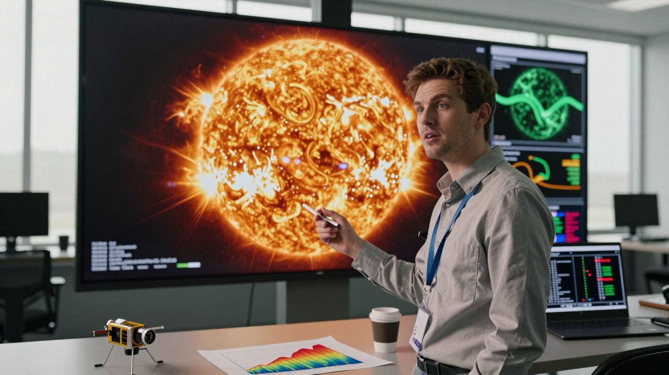 Cientista explica imagem do sol em ecrã grande numa sala de controlo com gráficos e equipamento.