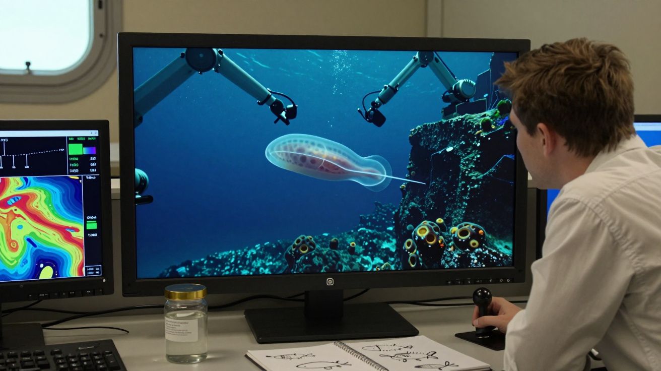 Pessoa a analisar imagem subaquática de criatura marinha e robôs em ecrã de computador em laboratório.