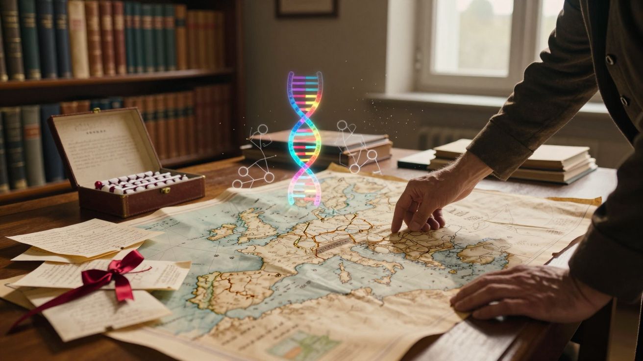 Pessoa aponta mapa antigo da Europa numa mesa com livros, notas e holograma colorido de ADN.