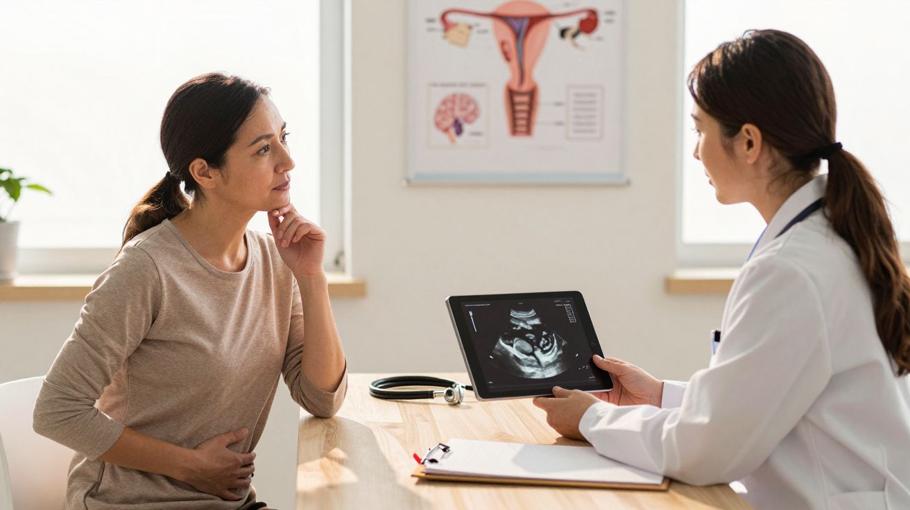 Mulher em consulta médica com ginecologista, a analisar ecografia num tablet, em consultório iluminado.
