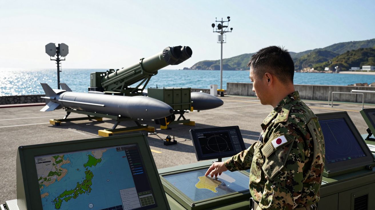 Militar japonês em uniforme com mapas e mísseis ao fundo num cais junto ao mar.