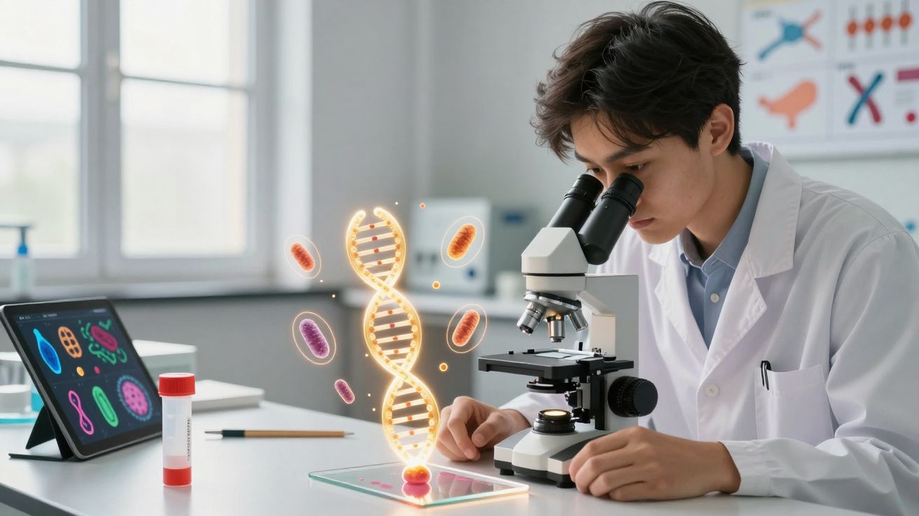 Cientista jovem a observar amostras ao microscópio com holograma de DNA e bactérias numa bancada de laboratório.