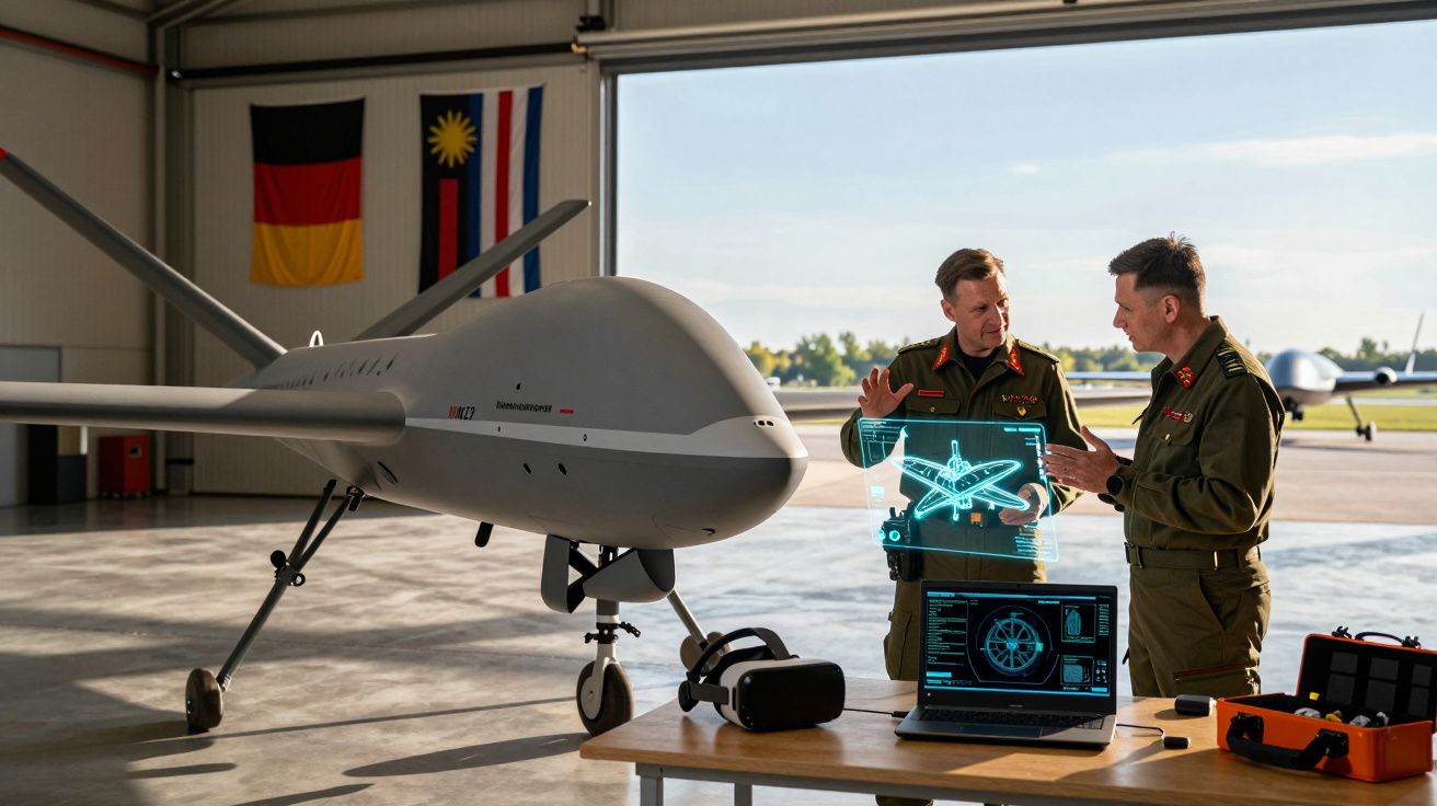 Dois militares discutem estratégia junto a um drone militar numa base aérea com equipamento tecnológico avançado.