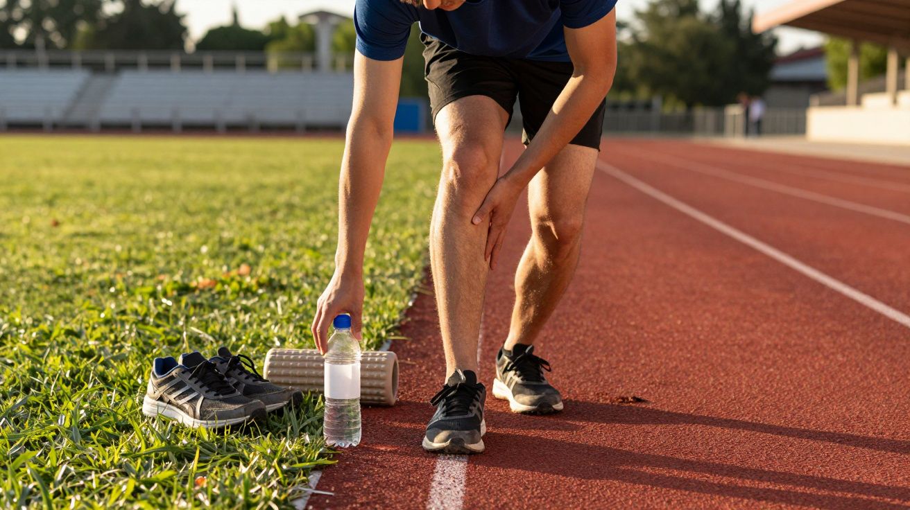 Atleta na pista a alongar a perna, com ténis, rolo de espuma e garrafa de água no chão junto à relva.