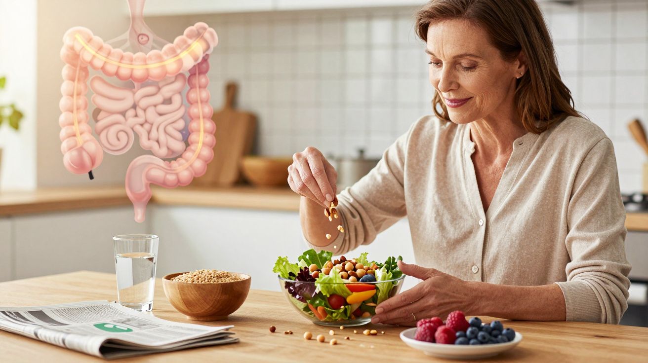 Mulher a preparar salada saudável com imagem do sistema digestivo no fundo da cozinha iluminada.
