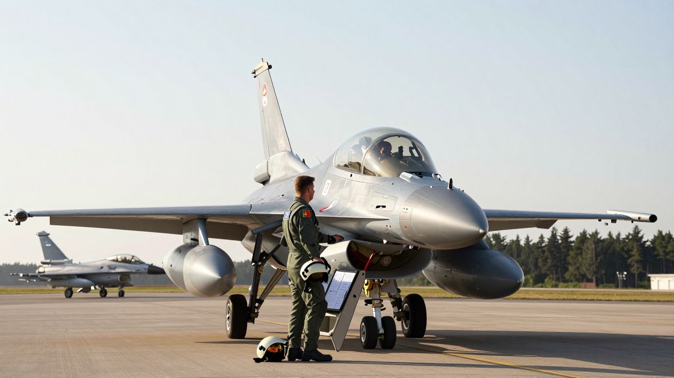 Caça militar estacionado em pista com piloto vestido com fato de voo e capacete ao lado.