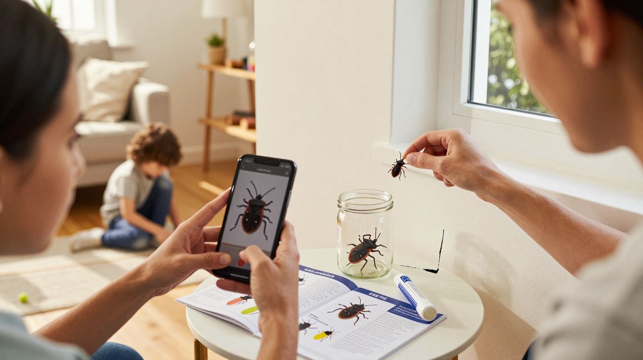 Adultos identificam inseto com smartphone enquanto criança brinca no fundo de uma sala iluminada.