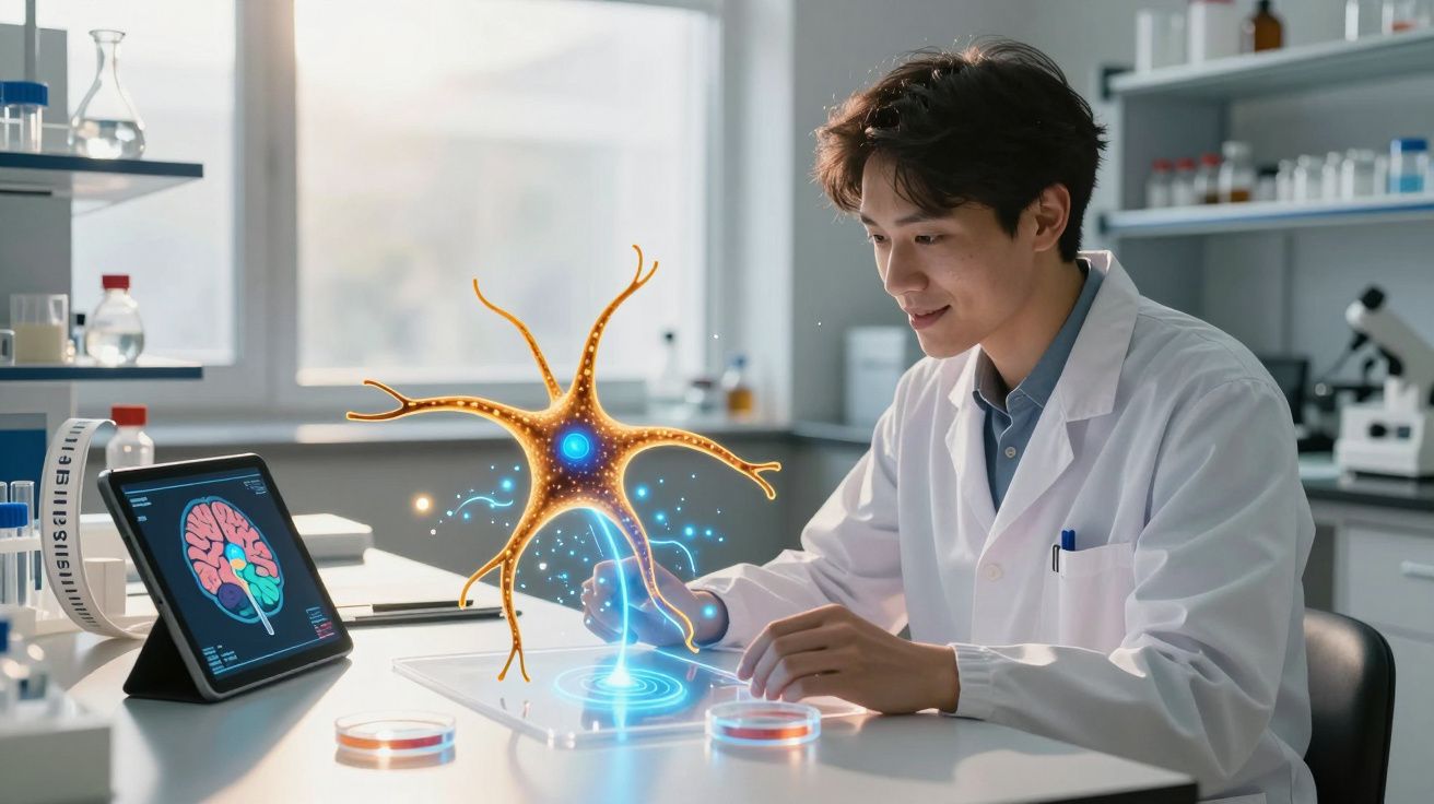 Cientista em laboratório a analisar modelo holográfico de neurónio com ecrã digital de cérebro à frente.