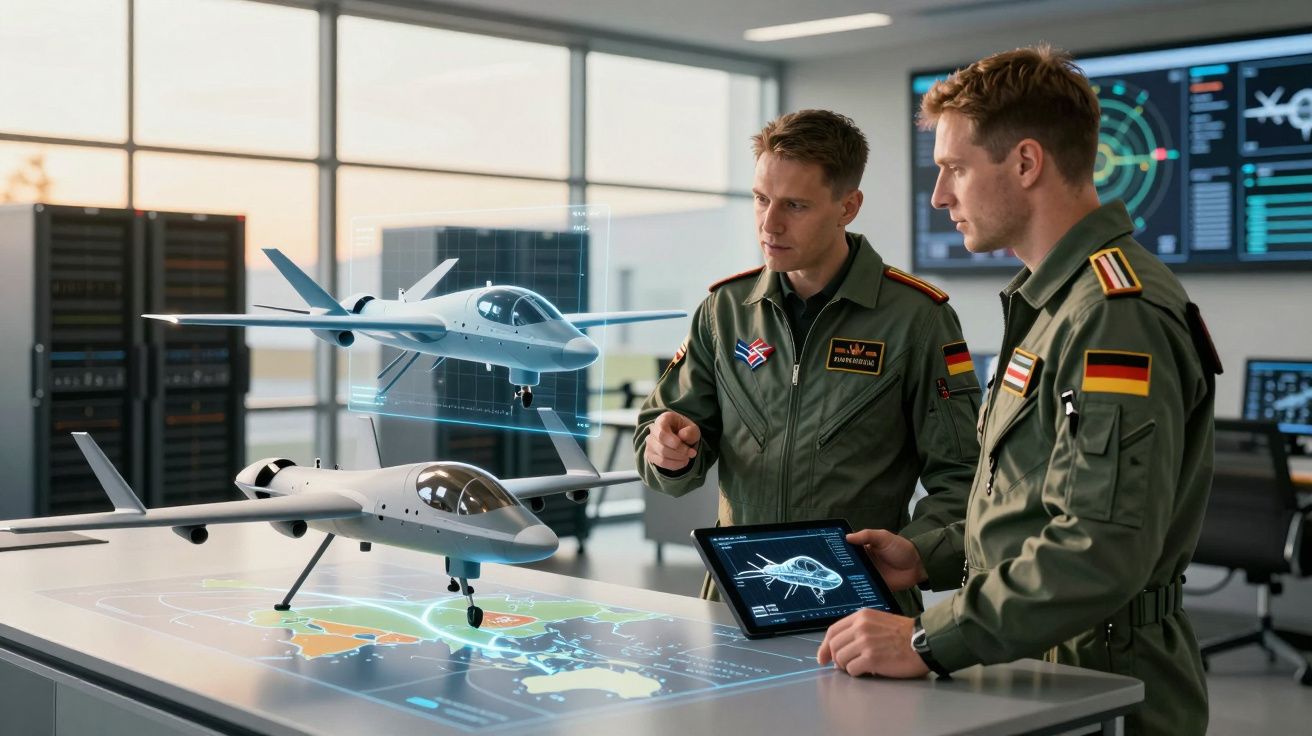 Dois pilotos militares discutem modelos digitais de aviões de combate sobre uma mesa interativa tecnológica.