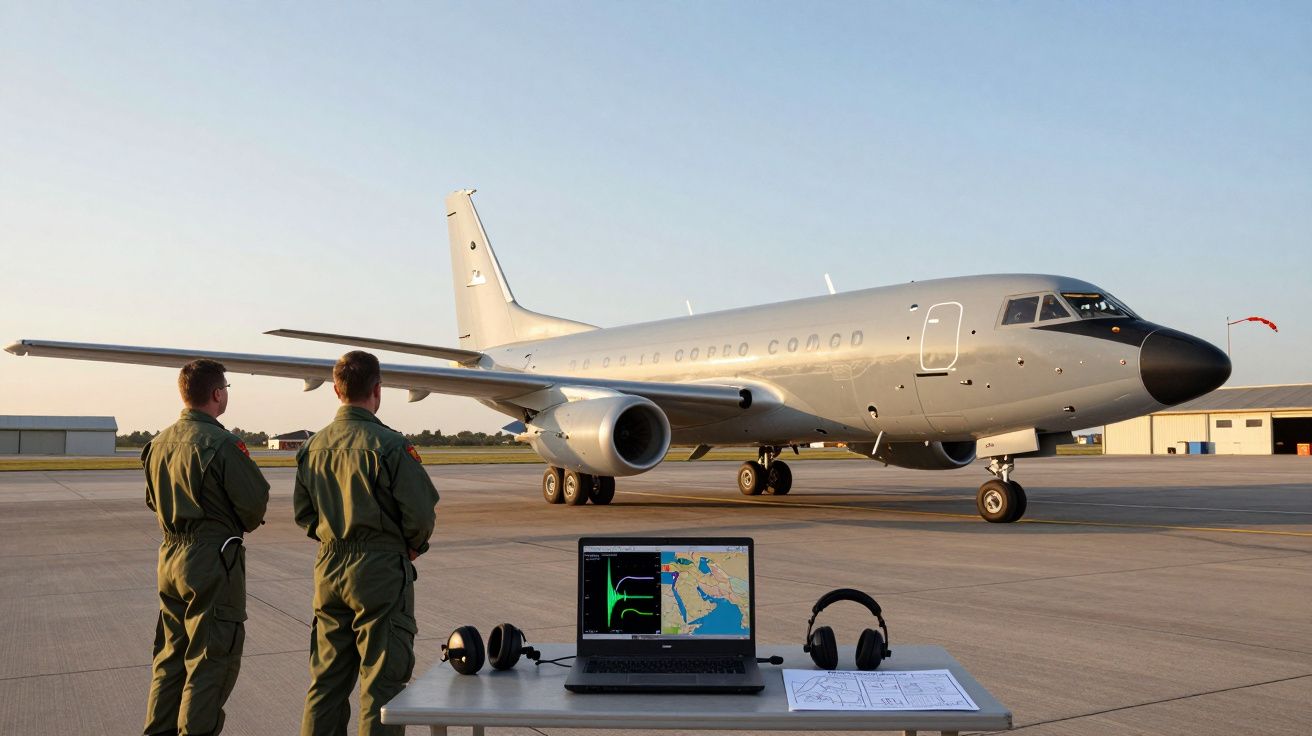 Dois militares observam avião militar estacionado na pista durante o pôr do sol com equipamento de monitorização numa mesa.