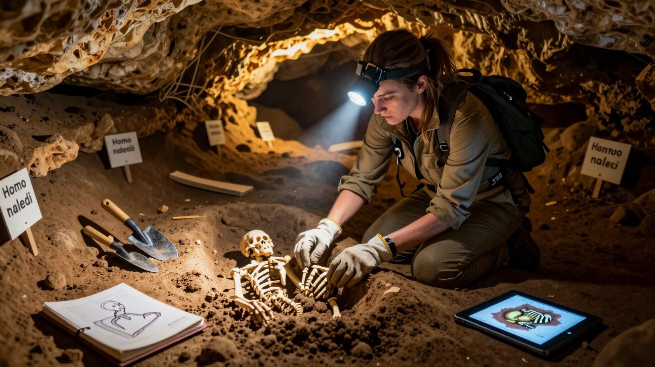 Mulher arqueóloga com lanterna de cabeça escava e examina esqueletos em caverna com ferramentas e esboços.