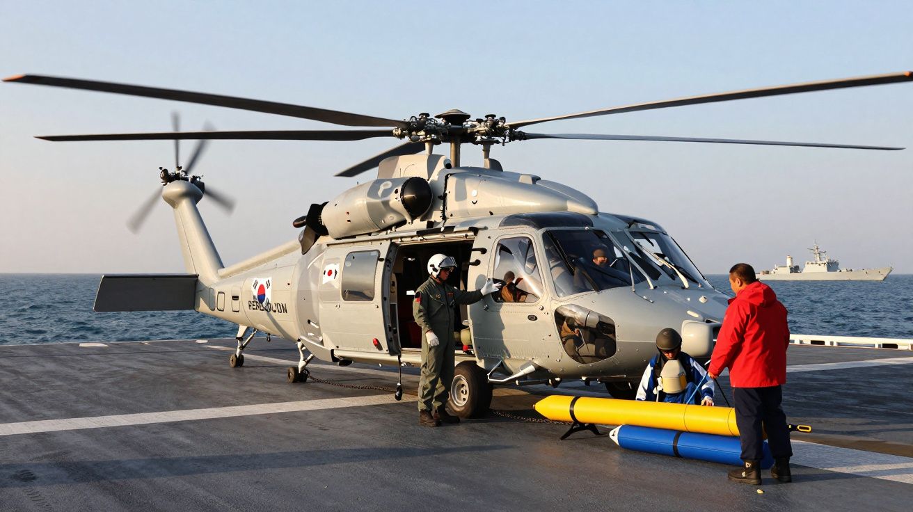 Helicóptero militar cinzento estático num convés de navio com três tripulantes a preparar equipamentos.