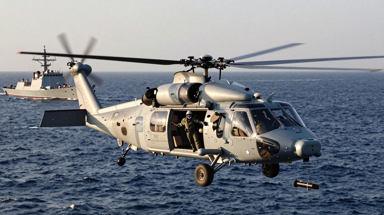 Helicóptero militar cinzento em voo sobre o mar com tripulante na porta e navio naval ao fundo.