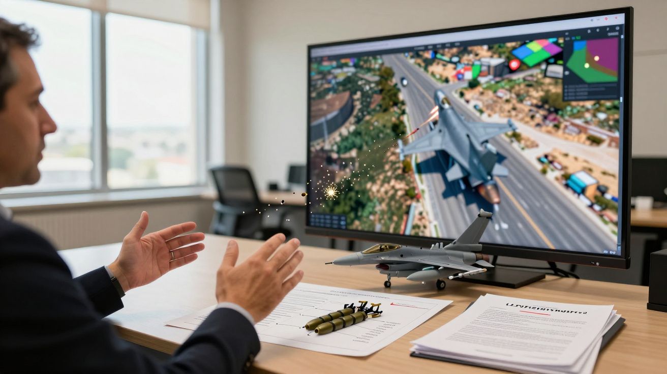 Homem em escritório com modelo de avião militar e simulação de voo no ecrã do computador.