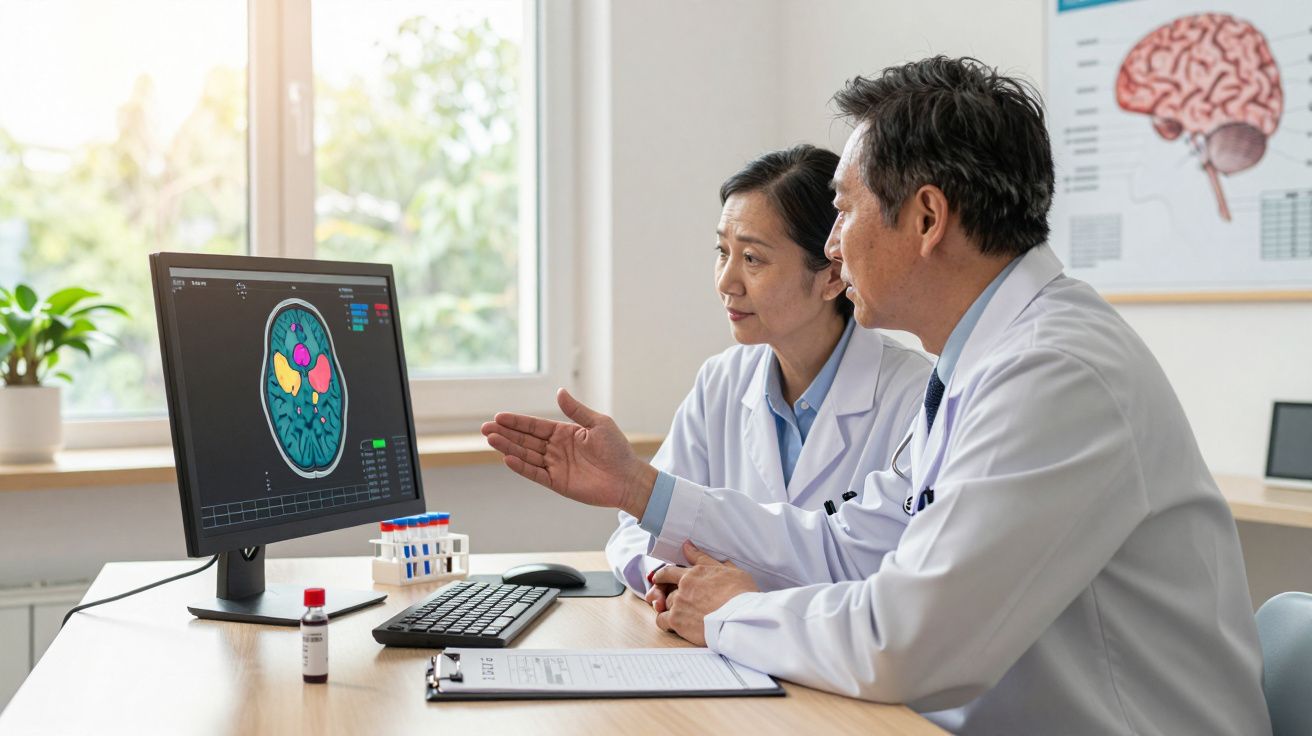Dois médicos asiáticos analisam imagem digital do cérebro no ecrã do computador num consultório médico.