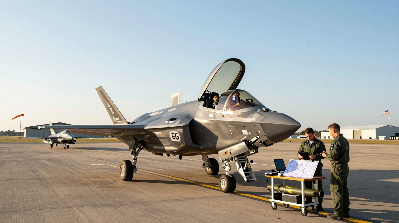 Caça furtivo F-35 estacionado com módulo aberto, dois pilotos e dois técnicos militares verificando equipamento.