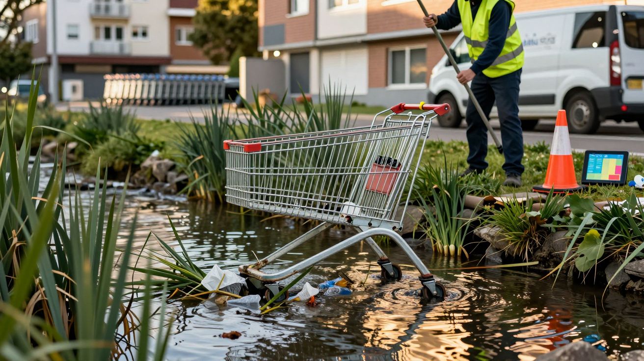 Carrinho de compras abandonado num lago, com lixo à volta, enquanto funcionário em colete reflete próximo.