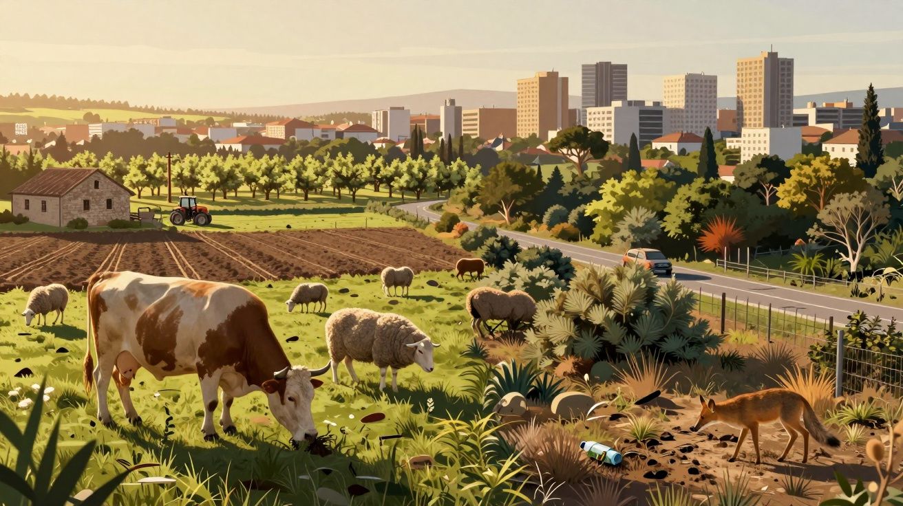 Campo com vaca, ovelhas e raposa junto a estrada, árvores e edifícios de cidade ao fundo ao pôr do sol.