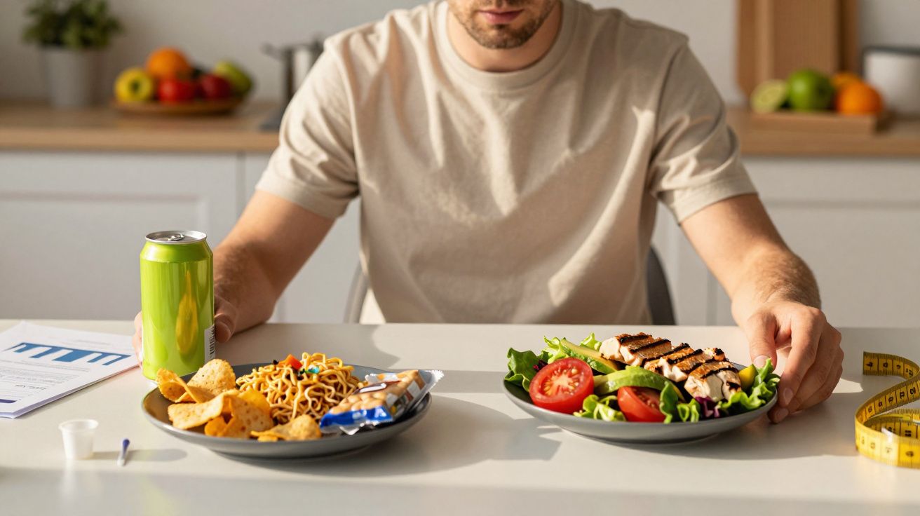 Homem sentado à mesa com duas opções de refeição: fast food e prato saudável com salada e frango grelhado.