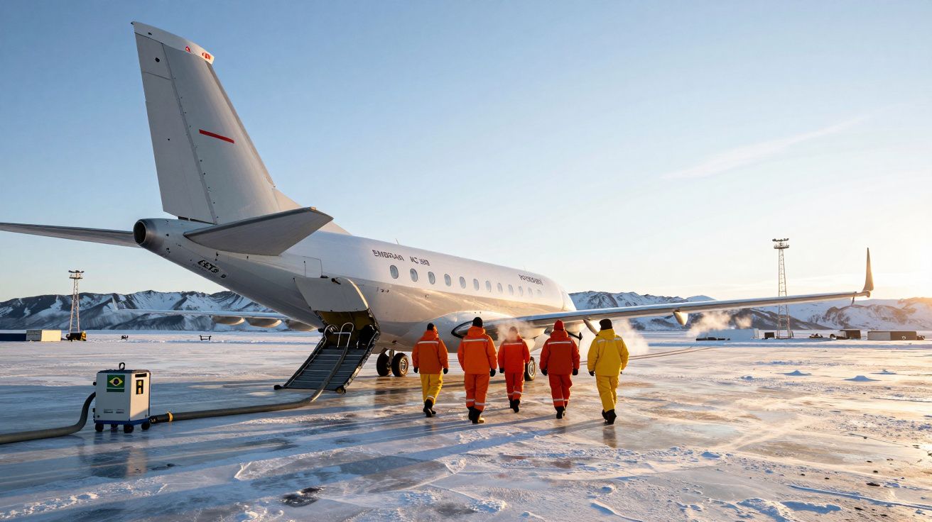 Avião estacionado em pista congelada com seis pessoas de fato térmico a caminhar na direção da aeronave.