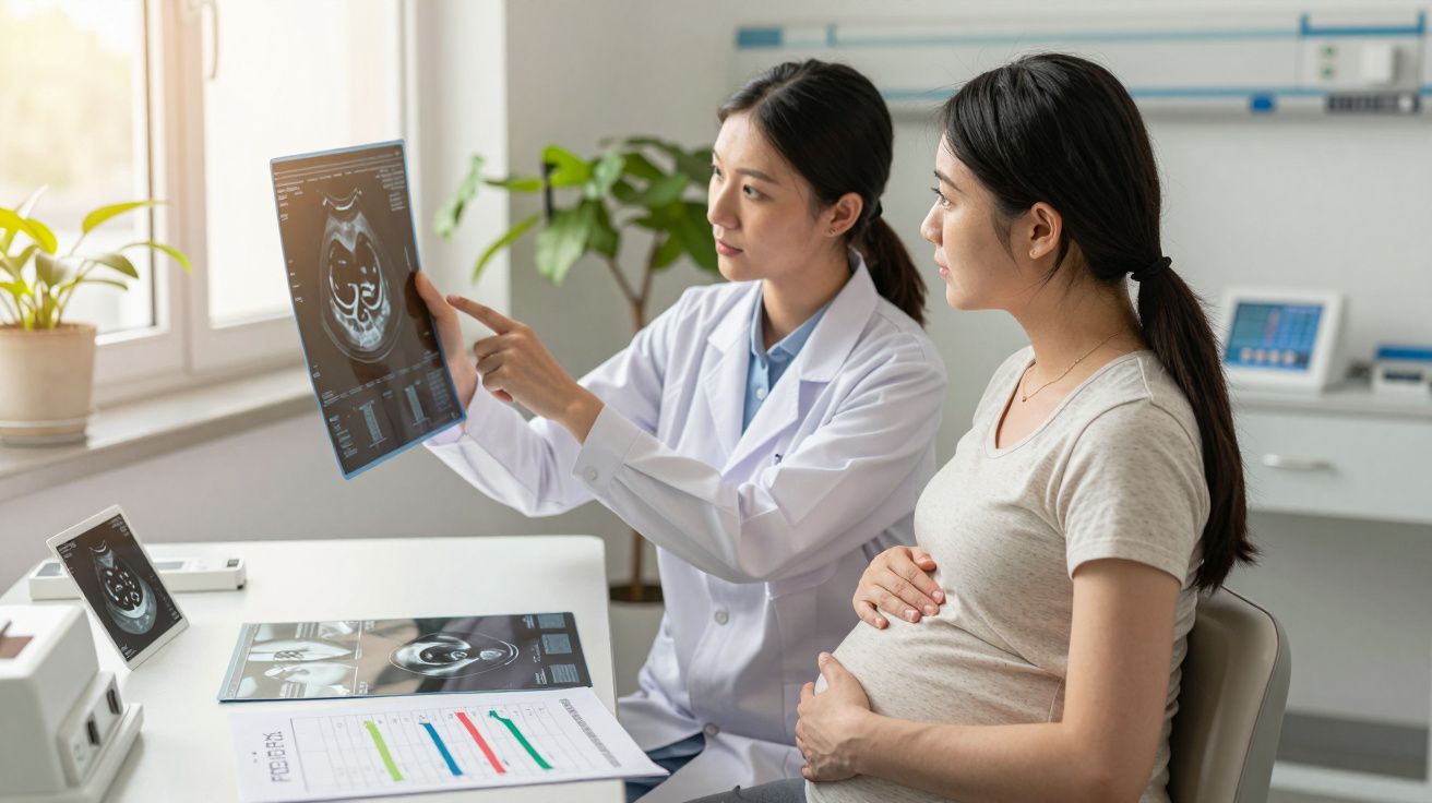 Médica a analisar ecografia enquanto conversa com mulher grávida num consultório médico.