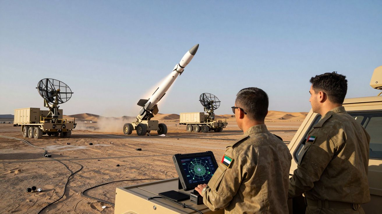 Dois soldados operam controlo remoto enquanto um míssil é lançado num deserto com equipamento militar radar.