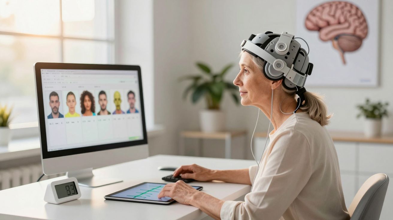 Mulher com capacete de EEG sentada à secretária, a analisar dados cerebrais no computador e tablet.