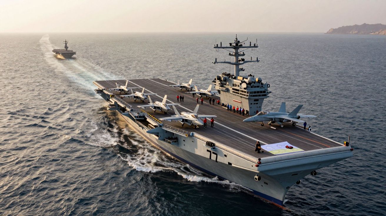 Porta-aviões com aviões de combate a bordo navegando no mar durante o pôr do sol.