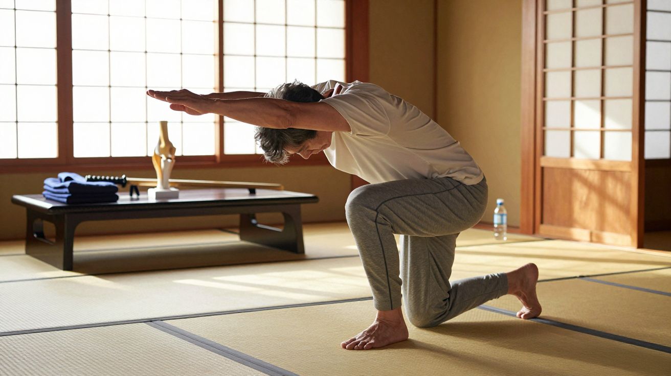 Pessoa idosa a fazer exercício de alongamento em tatami numa sala tradicional japonesa com luz natural.