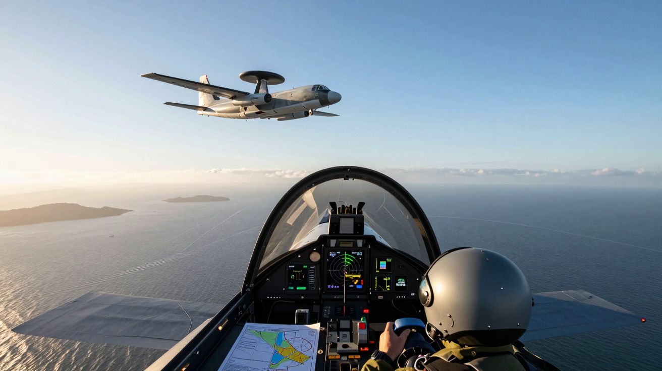 Vista do cockpit de um caça militar durante voo com um avião de reconhecimento a passar ao lado sobre o oceano.