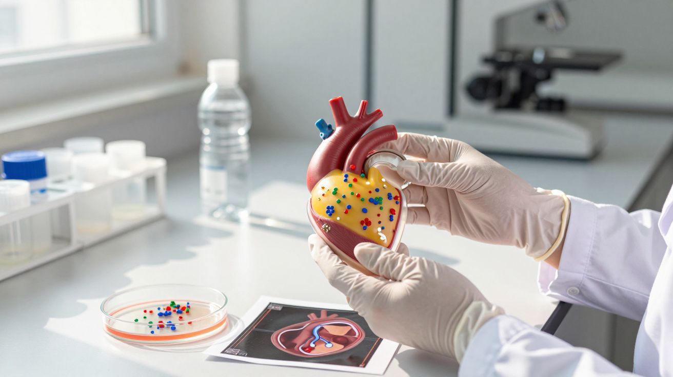 Mãos com luvas seguram modelo anatómico de coração humano num laboratório de investigação médica.