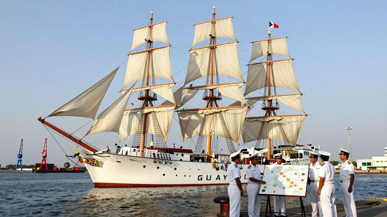 Navio escola branco com velas içadas atracado, com cinco marinheiros em uniforme branco em conversa junto a um mapa.