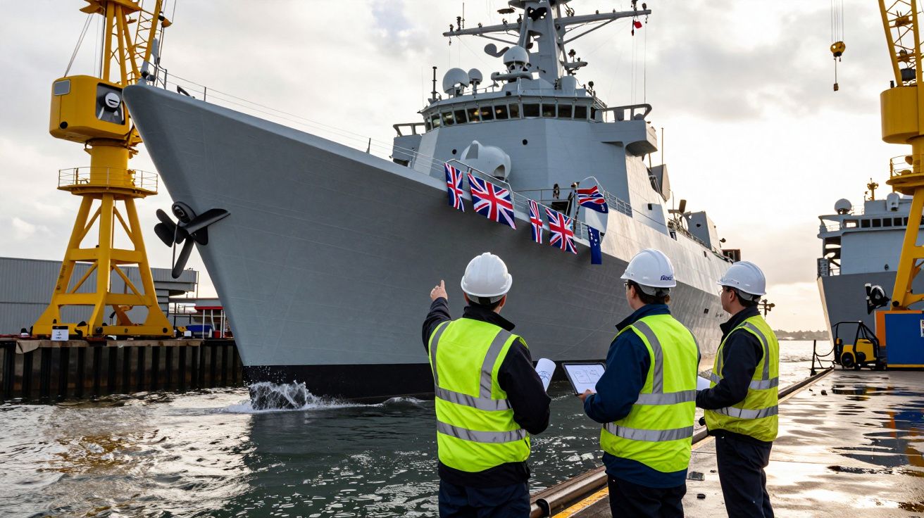 Três trabalhadores de colete e capacete observam e apontam para um grande navio de guerra cinzento com bandeiras britânicas.