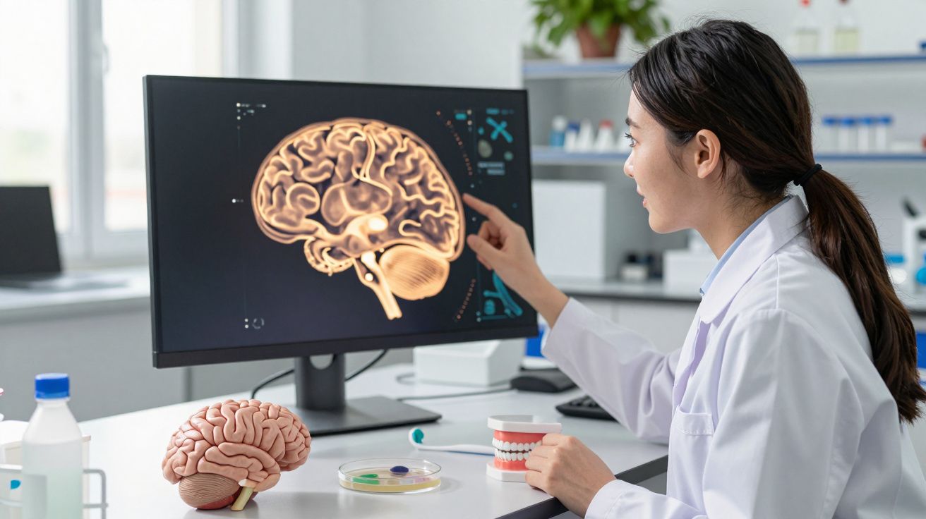 Mulher cientista em bata branca analisa imagem digital do cérebro num ecrã de computador num laboratório.
