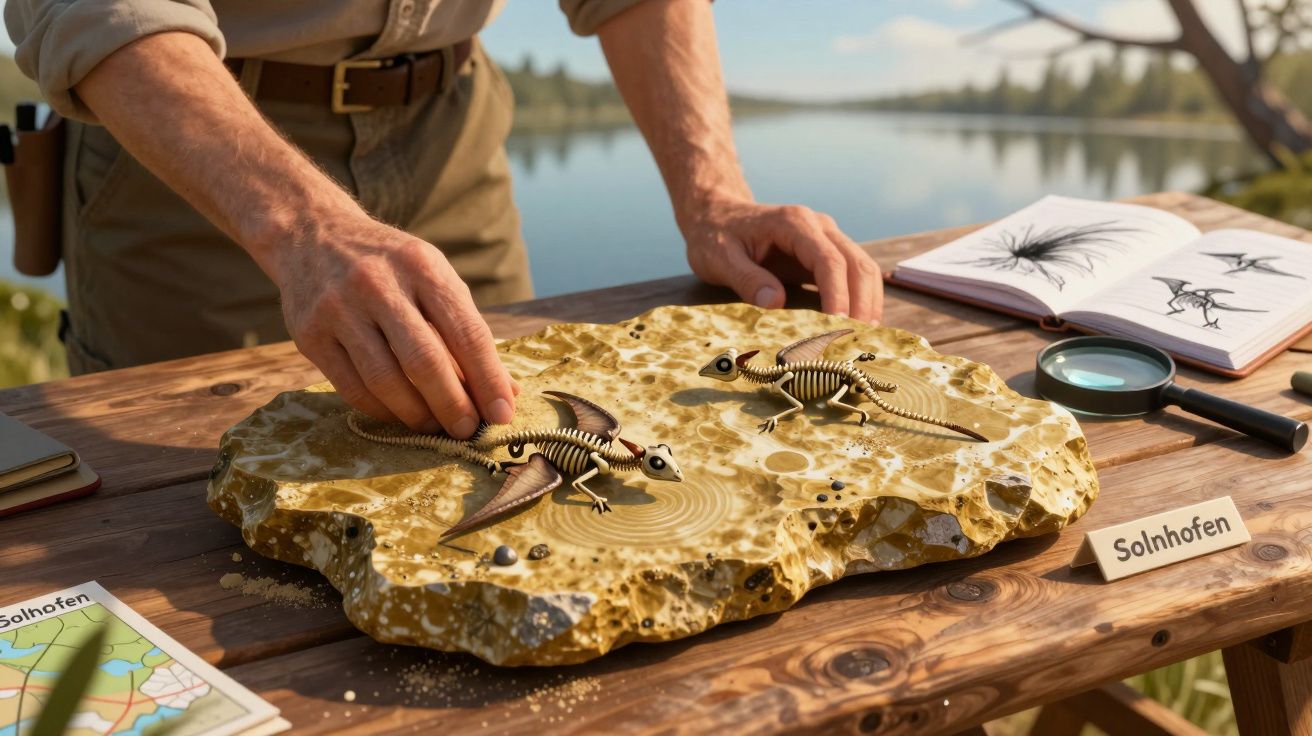 Pessoa a examinar fósseis de répteis num pedaço de pedra ao ar livre, com livro, lupa e mapa na mesa.